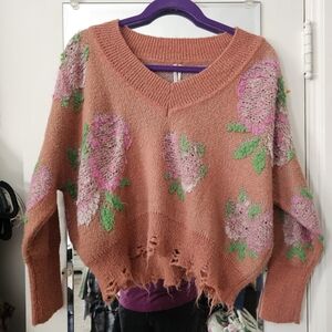 Anthropologie Slouchy Floral V-Neck Crop Knit Sweater Size XSP Distressed Hem